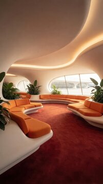 Retro futuristic lounge with orange modular sofas and plants, featuring curved ceiling lights. Use: interior design, travel brochure, mid-century m...