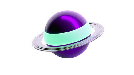 Shiny purple planet with mint green band and metallic rings, isolated on transparent background © Adrian