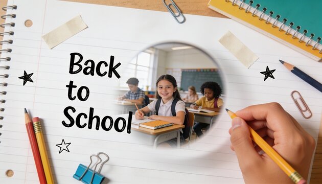 Writing girl in white blouse backpack at circular class cutout, Back to School sheet, yellow pencil