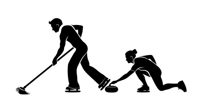 Silhouettes of male and female curlers playing the sport, isolated on transparent background