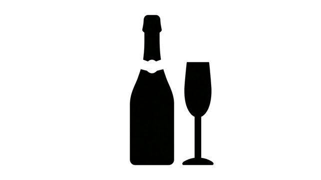 Black silhouette of champagne bottle and flute glass, isolated on transparent background