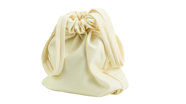 Creamy ivory soft leather drawstring pouch bag with ruched top, isolated on transparent background