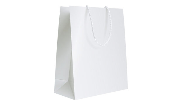 Plain white paper shopping bag with white rope handles, isolated on transparent background
