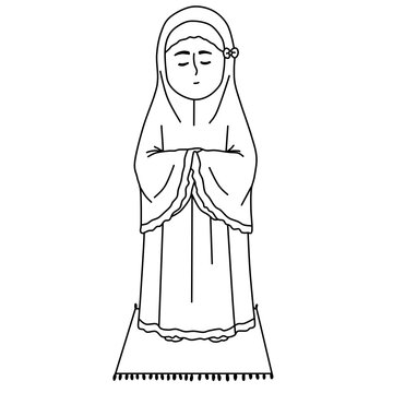 Muslim woman in mukena standing in prayer line art coloring page vector