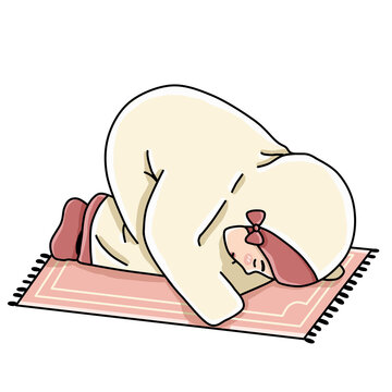 Muslim woman in mukena prostrating in sujud position prayer vector