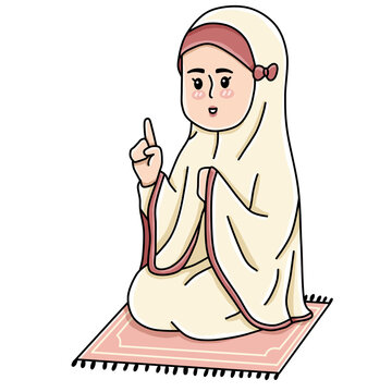 Muslim woman in hijab praying on prayer mat cartoon vector
