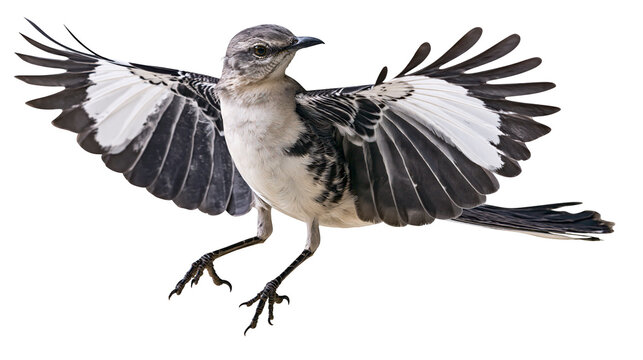 Northern mockingbird with wings spread, isolated on transparent background