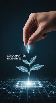Metaverse Business Models Concepts. Futuristic concept of digital plant growing from microchip with hand placing a glowing leaf symbolizing early adopter incentives for technology innovation