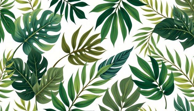 The image features a vibrant pattern of various green tropical leaves arranged in a dense, overlapping manner