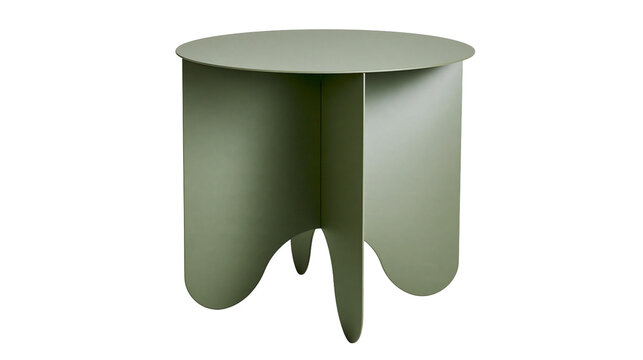 Modern sage green metal side table with curved legs, isolated on transparent background