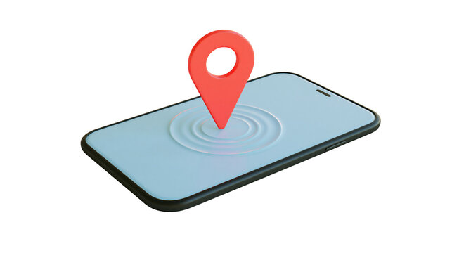 Red map pin marker on smartphone screen with concentric circles, isolated on transparent background