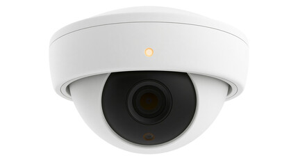 White dome security camera with black lens and orange indicator light, isolated on transparent background © Adrian