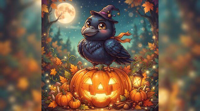 Cartoon raven on Halloween pumpkin