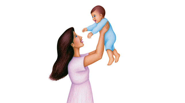 Mother holding baby up in the air, isolated on transparent background