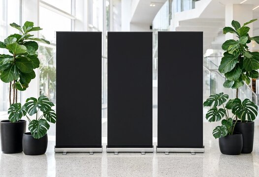 Three black blank roll up banners displayed in a modern hallway with staircase and plants, ideal for exhibition branding, advertising, presentation, promotional mockup displays.