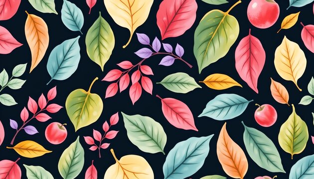 The image features a vibrant, colorful pattern of various leaves and small fruits scattered across a dark background