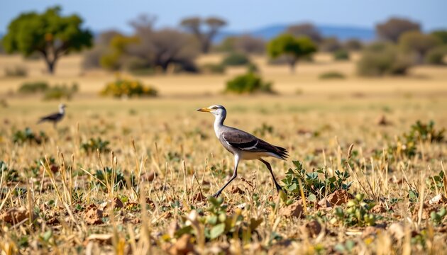 A bird stands in a wide, open field with sparse vegetation and dry grass, its long legs and slender body prominent against the landscape