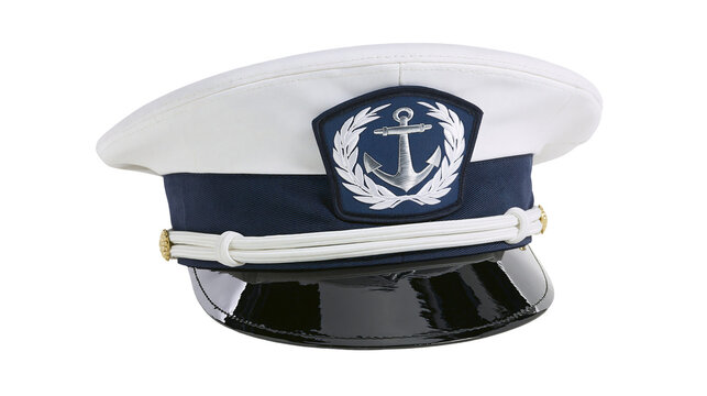 White navy captain hat with anchor emblem, isolated on transparent background