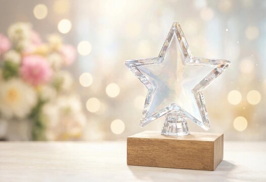 Elegant glass star award trophy on wooden base illuminated by spotlight, symbolizing achievement, success, excellence, recognition, victory, leadership, motivation, and professional accomplishment.