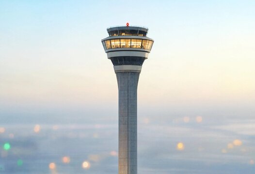 Modern airport control tower illuminated at dusk with soft bokeh lights, showcasing aviation safety, air traffic management, navigation technology, and transportation infrastructure.