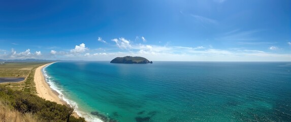 Obraz premium Panoramic View of Turquoise Ocean and Sandy Beach Under Clear Blue Sky