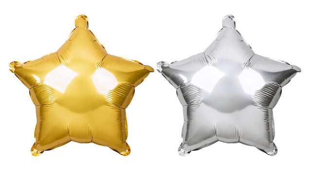 Shiny gold and silver star-shaped foil balloons, isolated on transparent background