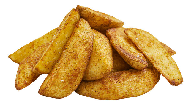 Golden potato wedges seasoned with spices, isolated on transparent background