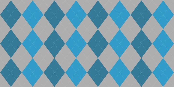 Seamless blue and gray argyle pattern vector with diamond geometric shapes and dashed lines. Classic sweater fabric texture background.