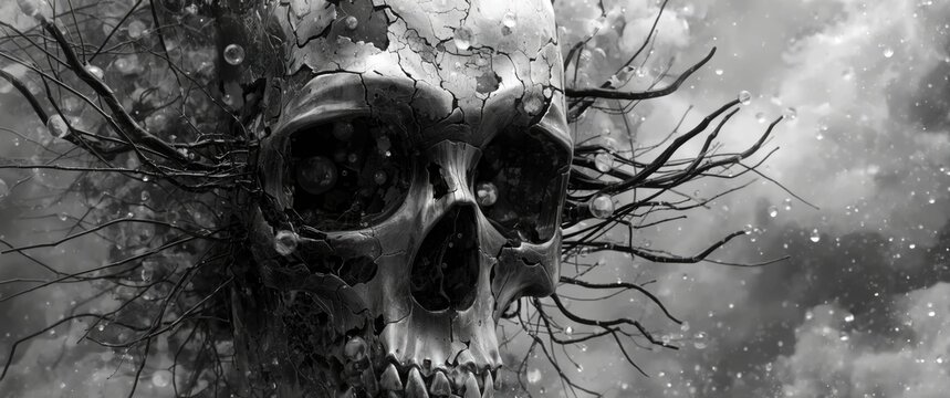 Intricate Black and White Skull Surrounded by Twisted Roots and Clouds