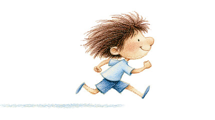 Joyful young boy with messy brown hair running fast, isolated on transparent background