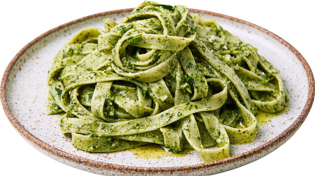 Fettuccine pasta with green pesto sauce and olive oil, isolated on transparent background