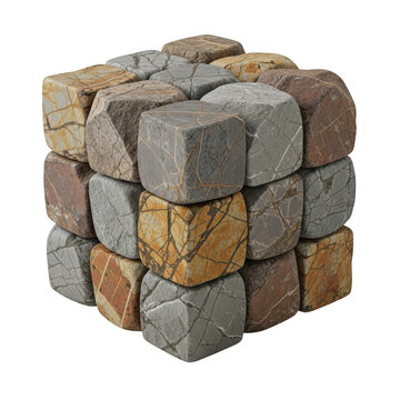A textured stone cube made of small paving blocks