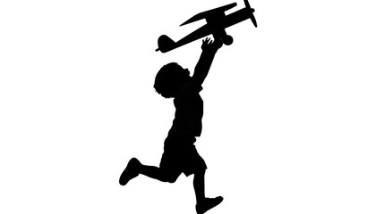 Silhouette of a child running with a toy airplane held high, isolated on transparent background