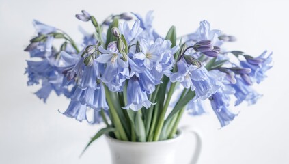 Obraz premium Blue Bell Flowers in a White Vase with Soft Lighting