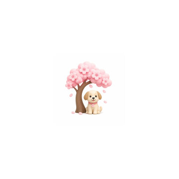 cute puppy sitting under a blooming