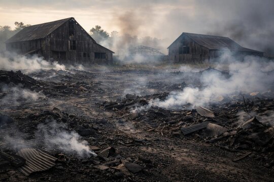 Abandoned Barns Amidst Smoke and Ashes in a Burnt Landscape