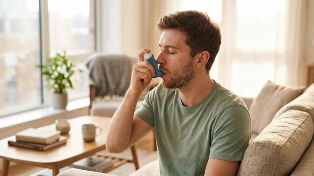 Man using asthma inhaler while sitting on couch in living room. Breathing treatment for respiratory relief at home. Daily asthma management and health care concept