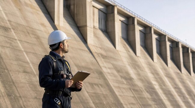 Engineer Inspecting Large Concrete Dam Structure