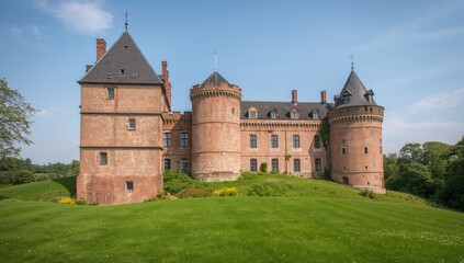 Fototapeta premium Historic Castle Surrounded by Lush Green Lawn Under Clear Blue Sky