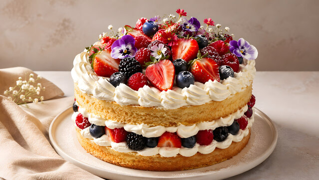 A handcrafted berry Chantilly cake showcases delicate mascarpone layers with fresh seasonal berries in elegant studio composition