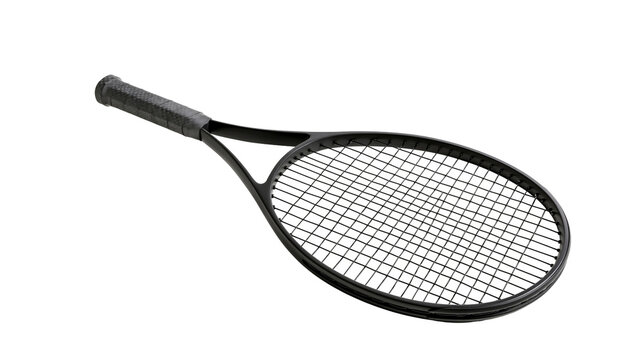 Black tennis racket with textured grip, isolated on transparent background
