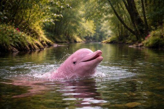 Amazon River Dolphin Swimming in a Serene River Surrounded by Lush Greenery
