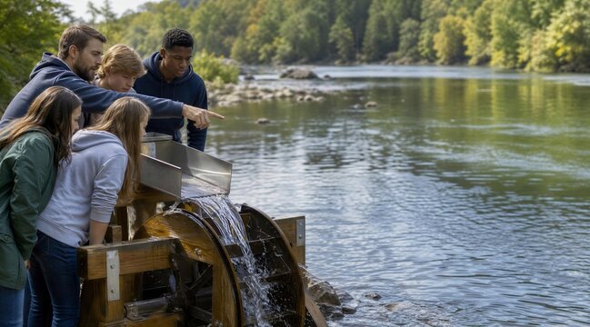 Diverse group explores water power science by a natural river