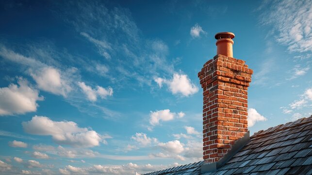 Chimney on Roof Against Blue Sky with Clouds.
