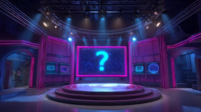 Quiz, game show or trivia competition with futuristic sci-fi stage with a central platform, illuminated by blue and pink neon lights.