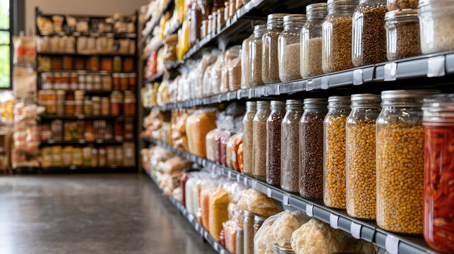 Shelves filled with glass jars containing various grains, legumes, and dried foods in a well-organized grocery store aisle with a blurred background of packaged goods
