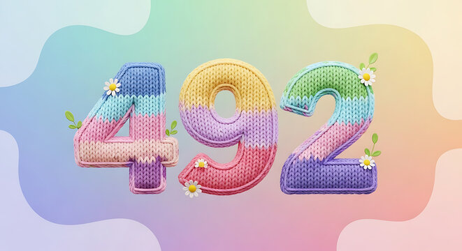 Vibrant rainbow knitted numbers 492, decorated with tiny daisies and leaves, cheerful addition to any celebration
