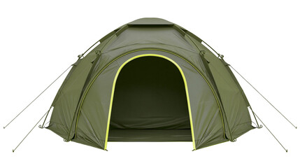 Green dome camping tent with yellow trim set up and ready for use, isolated on transparent background © Adrian