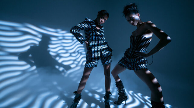 Two Female Models Posing in Avant Garde Fashion Studio