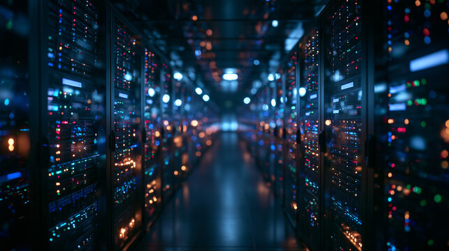 Data Center Server Room Corridor with Glowing Lights